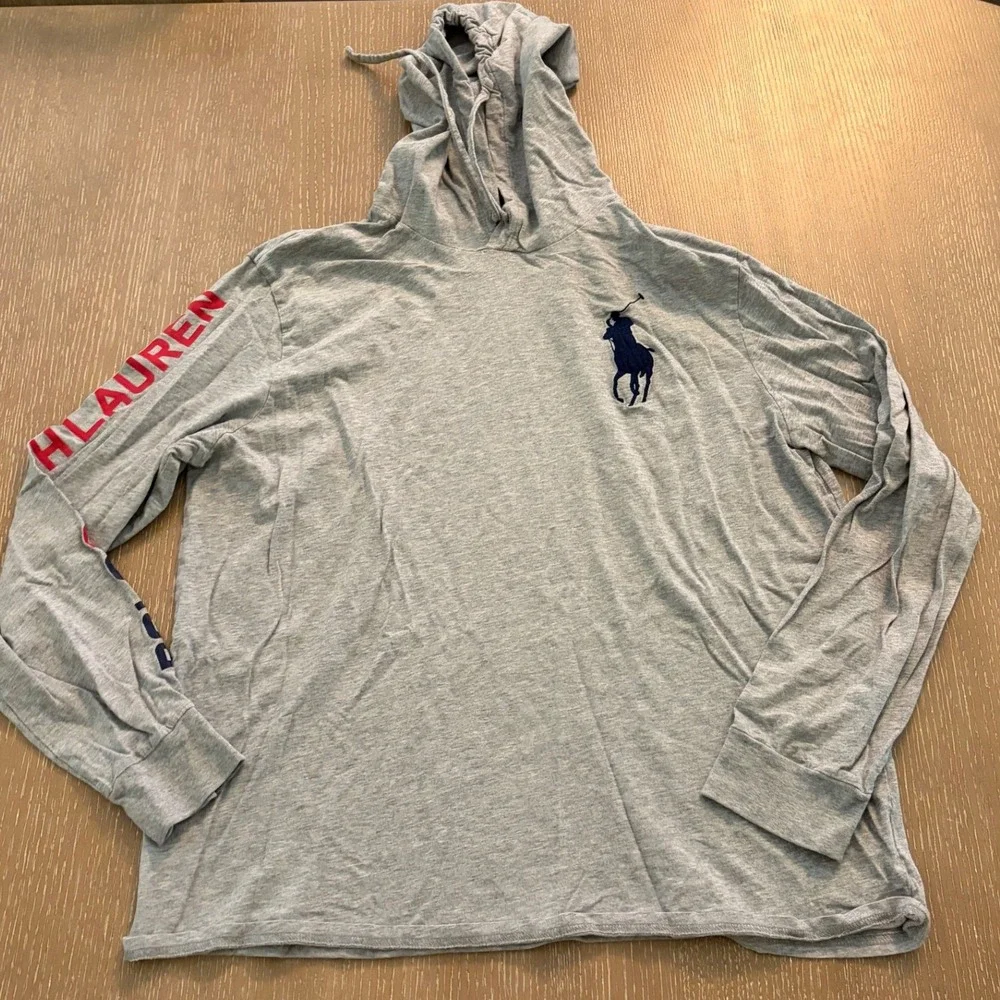 Polo Ralph Lauren Men's XL Gray Big Pony Hooded Long Sleeve T-Shirt Logo Sleeve